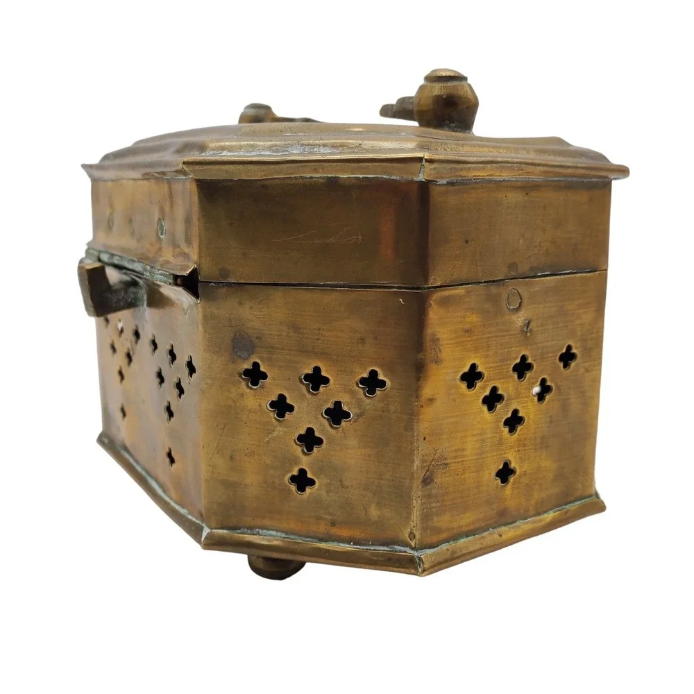 Brass Box Pierced Metal Cricket Cage Hexagon Trinket India Ethnic Boho‎ Storage